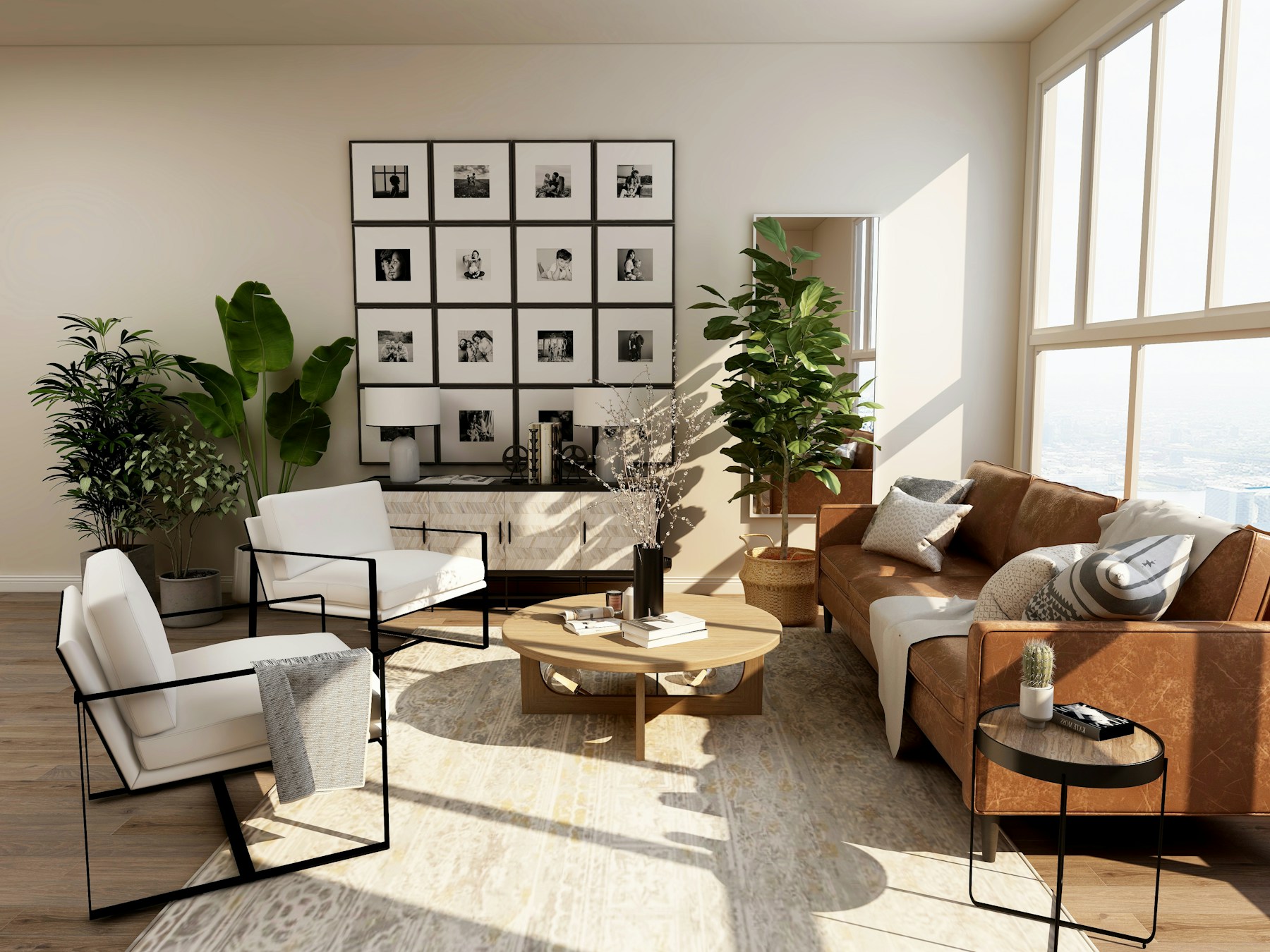 Sala iluminada pelo sol, com sofá aconchegante, plantas e mesa de madeira